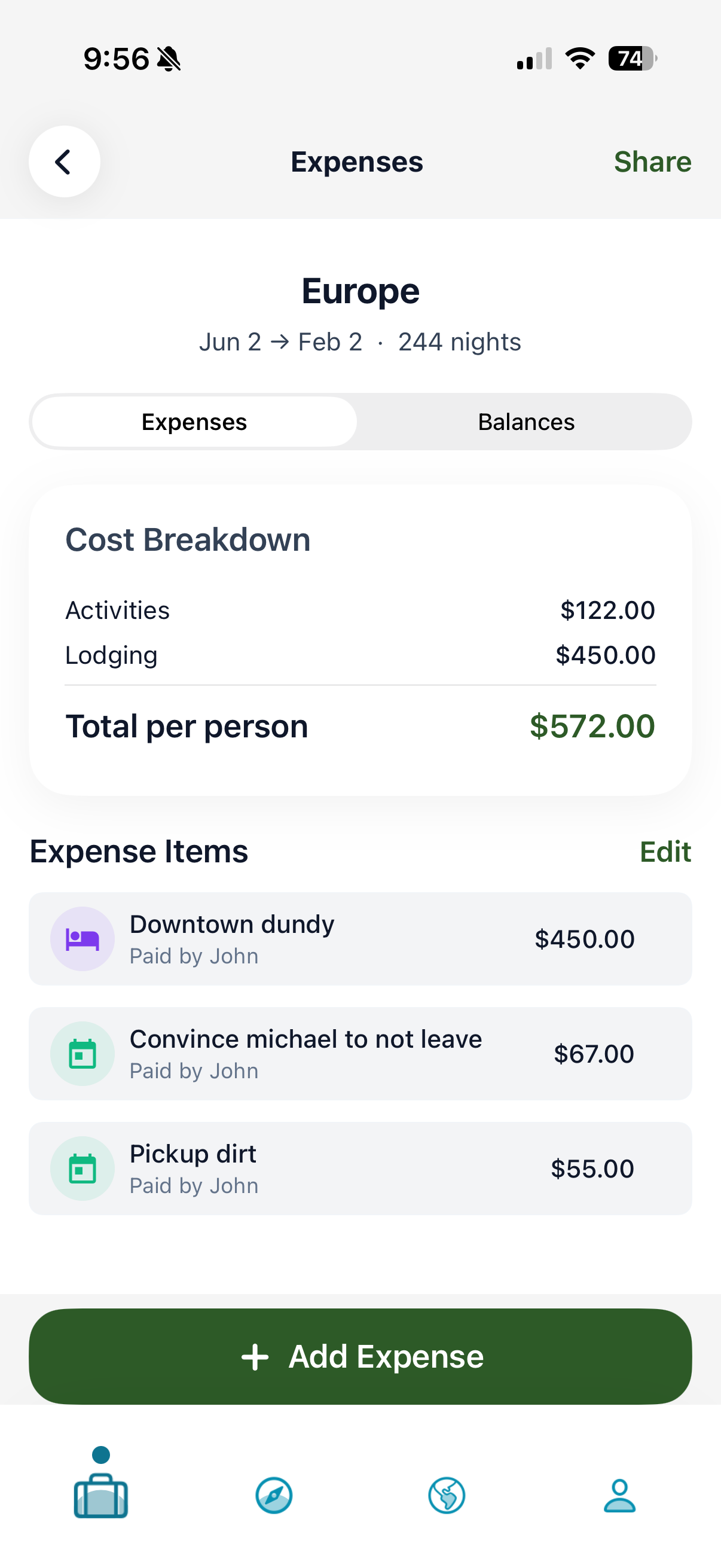 Trip expenses screen